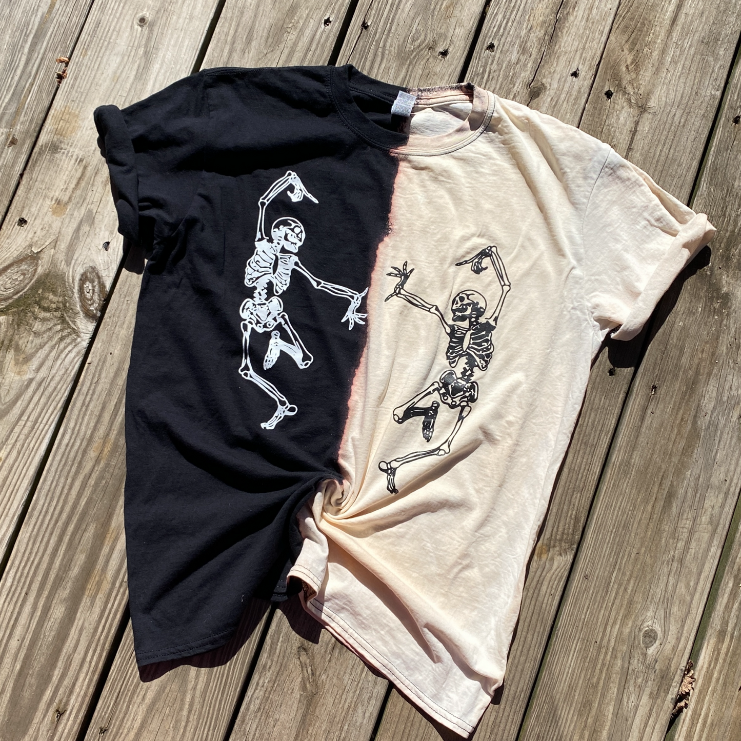 Dancing Skeletons Half and Half Bleach Design Unisex Tee